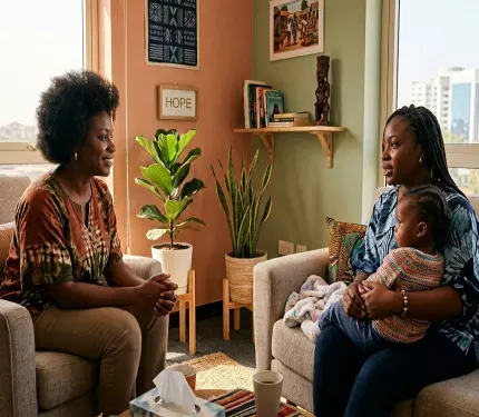 A woman and her child talking with a HealBridge worker