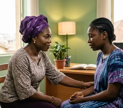 A HealBridge worker listening to a woman