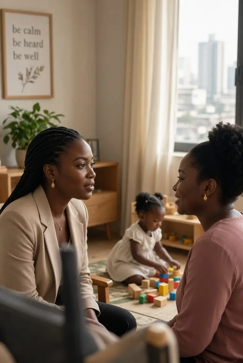 A HealBridge counsellor talking with a woman while her child plays nearby